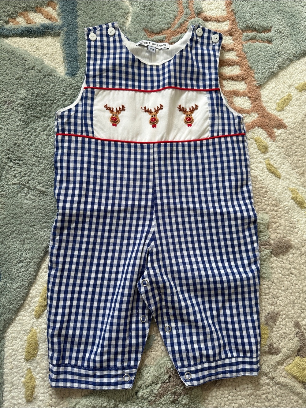 Sweet Dreams Blue and White Gingham Reindeer Smocked Overalls